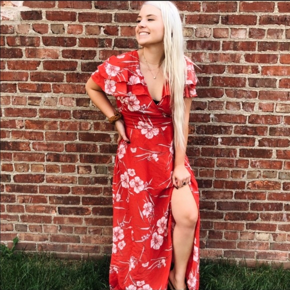 Maurices Dresses & Skirts - Maurice’s Floral Red Maxi Dress Ruffles Slit Boho